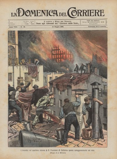 Das Feuer im italienischen Viertel von San Francisco, Kalifornien, mutig mit Wein gelöscht von Achille Beltrame