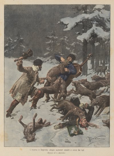 Der Winter in Ungarn, Zigeunermusiker von Wölfen angegriffen und getötet von Achille Beltrame