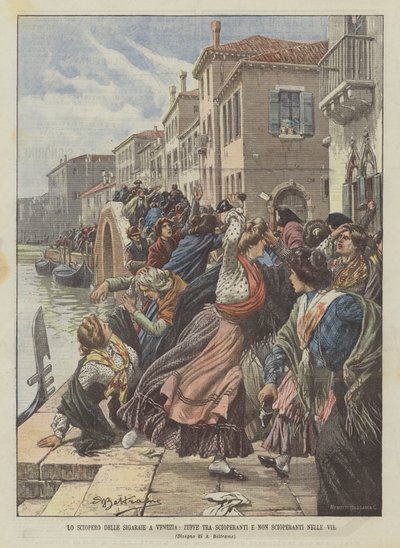 Der Streik der Zigarrenmacherinnen in Venedig, Kämpfe zwischen Streikenden und Nicht-Streikenden auf den Straßen von Achille Beltrame
