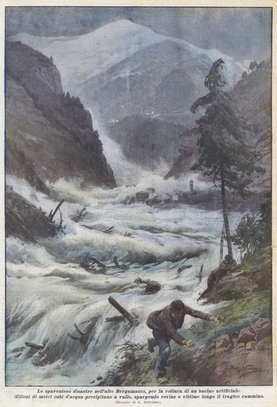 Die schreckliche Katastrophe im oberen Bergamasco durch den Bruch eines künstlichen Beckens von Achille Beltrame