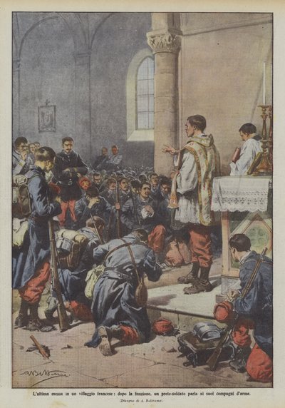 Die letzte Messe in einem französischen Dorf, nach der Zeremonie spricht ein Priester-Soldat zu seinen Kameraden von Achille Beltrame