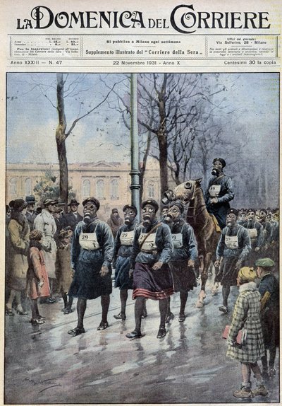 Marsch in Warschau zur Übung der Bevölkerung im Gebrauch von Gasmasken - Zeichnung von A. Beltrame, in „la Domenica del Corriere“ vom 22.11.1931 von Achille Beltrame