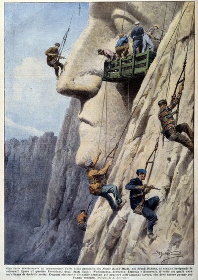 Männer klettern auf einem Granitfelsen und Bildhauer bei der Arbeit, für den Bau des Denkmals der amerikanischen Präsidenten von Mount Black Hills - Zeichnung von A. Beltrame, in „La Domenica del Corriere“ von Achille Beltrame
