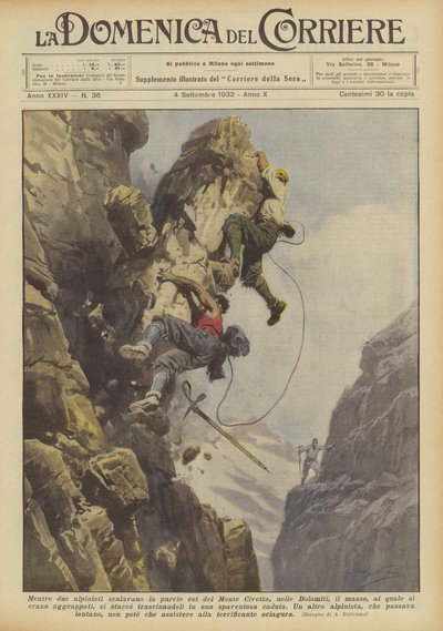 Während zwei Bergsteiger die Ostwand des Monte Civetta in den Dolomiten erklommen, der Fels? von Achille Beltrame