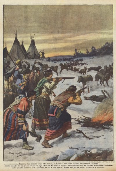 Während ihre Männer auf der Jagd waren, wurden die Frauen eines indianischen Stammes in Ontario (Kanada) von Achille Beltrame