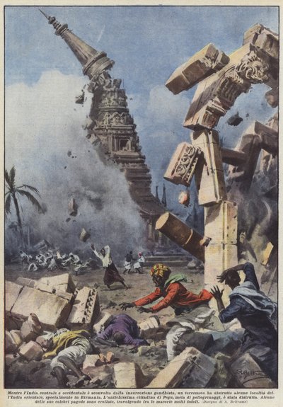 Während Zentral- und Westindien von der Gandhisten-Rebellion erschüttert werden, ein Erdbeben von Achille Beltrame