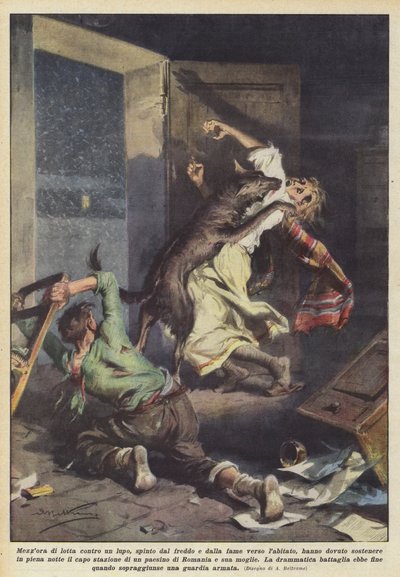Eine halbe Stunde Kampf gegen einen Wolf, der durch Kälte und Hunger ins Dorf getrieben wurde von Achille Beltrame