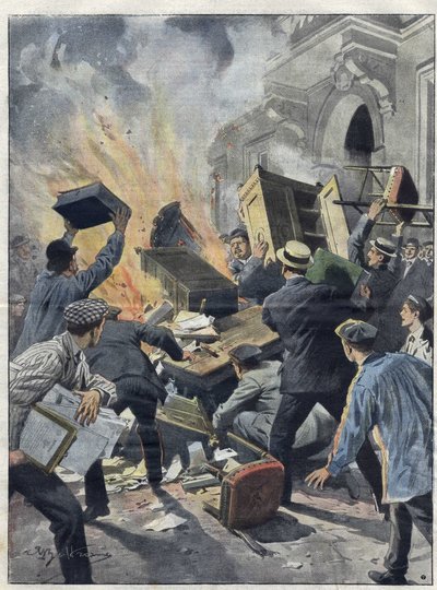 Weinkrise im Midi 1907: Winzer setzen das Rathaus von Beziers (Herault) in Brand. Illustration von Achille Beltrame aus dem Jahr 1907. von Achille Beltrame