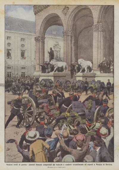 Moderne Kriegstrophäen, von den Deutschen eroberte französische Kanonen triumphal geführt von Achille Beltrame