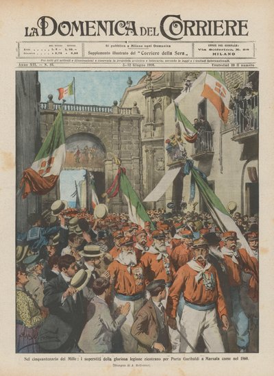 Zum fünfzigsten Jahrestag der Tausend, die Überlebenden der glorreichen Legion kehren durch Porta Garibaldi zurück von Achille Beltrame