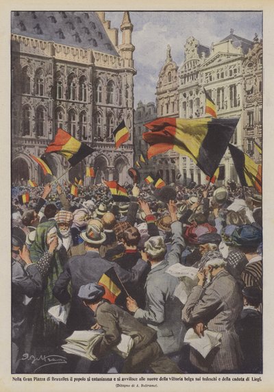 Auf dem Großen Platz in Brüssel jubelt und trauert das Volk über die belgischen Siege über die Deutschen und den Fall von Lüttich von Achille Beltrame