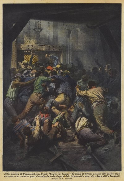 In der brennenden Mine von Waterschei-sous-Genk (Belgien), die Szene des Terrors um die Käfige von Achille Beltrame