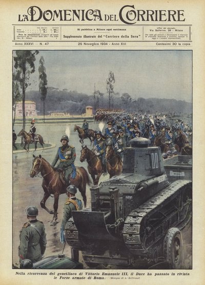 Anlässlich des Geburtstags von Viktor Emanuel III. hat der Duce die Streitkräfte von Rom inspiziert von Achille Beltrame