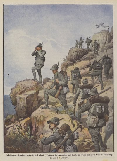 Auf dem Hochplateau von Cyrenaika, Patrouillen der Alpini Vestone bei der Erkundung der Hänge von Derna von Achille Beltrame