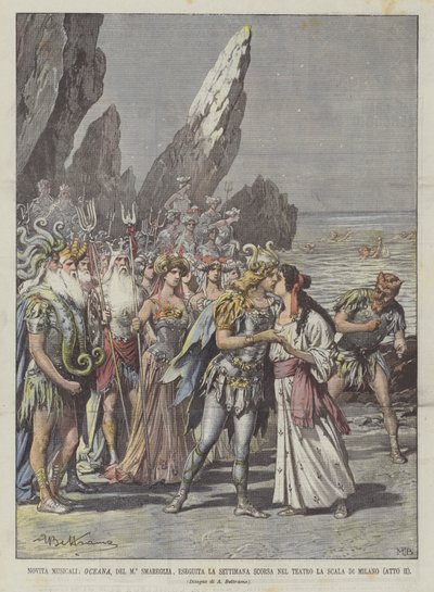 Musikalische Neuheiten, Oceana von Maestro Smareglia, letzte Woche im Teatro La Scala in Mailand aufgeführt (Akt II) von Achille Beltrame