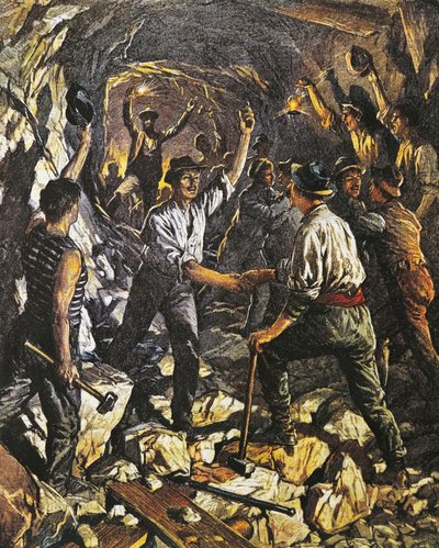 Eröffnung des ersten Abschnitts des Simplontunnels zwischen Arona und Meina, Illustration von Achille Beltrame, aus La Domenica del Corriere, 25. Oktober 1903 von Achille Beltrame