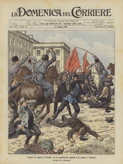 Blutiges Ostern in Polen, zwischen der Arbeiterbevölkerung und den Truppen in Warschau von Achille Beltrame