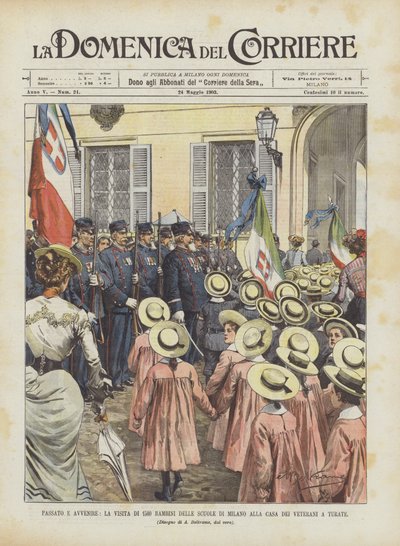 Vergangenheit und Zukunft, der Besuch von 1500 Schulkindern aus Mailand im Veteranenhaus in Turate von Achille Beltrame
