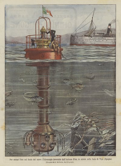 Um sie auf dem Meeresgrund zu suchen, das Hydroskop erfunden vom Italiener Pino, in Aktion von Achille Beltrame