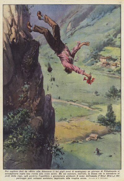 Um Blumen für die Verlobte zu pflücken (die schönen roten Lilien der Berge), ein junger Mann von Achille Beltrame