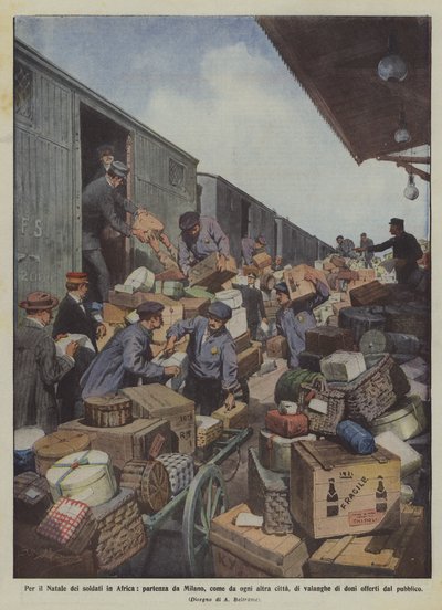 Für das Weihnachtsfest der Soldaten in Afrika, Abfahrt aus Mailand, wie aus jeder anderen Stadt, von Lawinen von Achille Beltrame