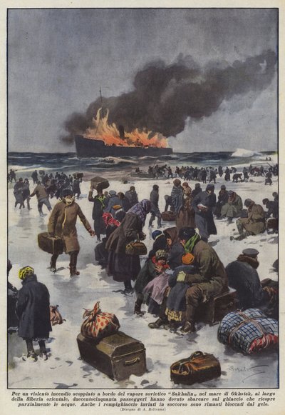Durch einen heftigen Brand an Bord des sowjetischen Dampfers Sakhalin im Ochotskischen Meer von Achille Beltrame