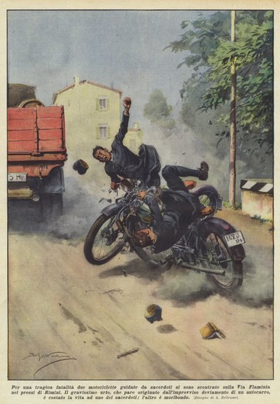 Durch ein tragisches Schicksal kollidierten zwei Motorräder, die von Priestern gefahren wurden, auf der Straße von Achille Beltrame