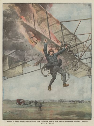 Gefahren neuer Art, Flieger Grote springt aus mehreren Metern Höhe auf den Boden, da ihm von Achille Beltrame