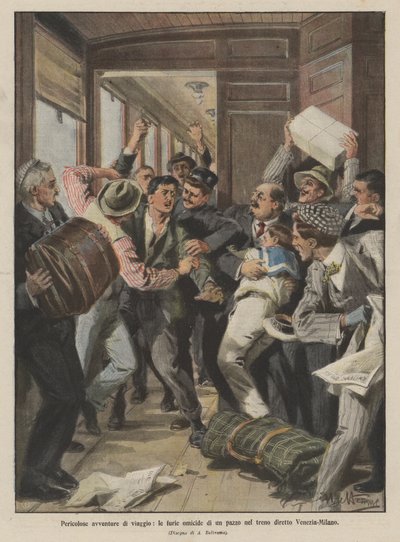 Gefährliche Reiseabenteuer, die mörderischen Wutanfälle eines Verrückten im Zug von Venedig nach Mailand von Achille Beltrame