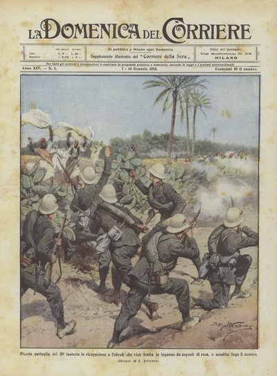 Kleine Patrouille des 20. Infanterieregiments auf Erkundung in Tobruk, die durch Signale in die Irre geführt wird von Achille Beltrame