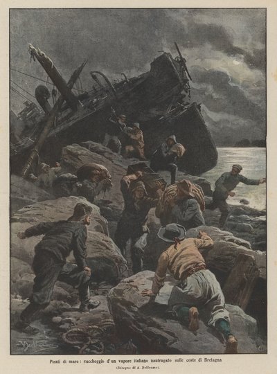 Seepiraten, Plünderung eines gestrandeten italienischen Dampfers an der Küste der Bretagne von Achille Beltrame