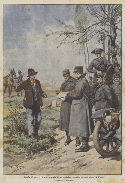 Kriegspolizei, das Verhör eines verdächtigen Bauern, der hinter der Front überrascht wurde von Achille Beltrame