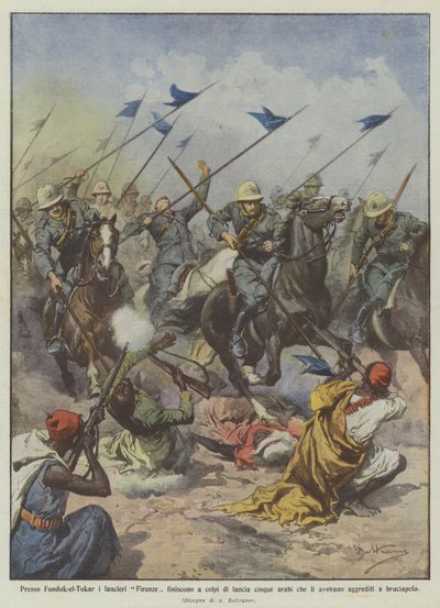 Bei Fonduk-el-Tokar töten die Lanzenreiter von Florenz fünf Araber mit Lanzen, die sie angegriffen hatten von Achille Beltrame