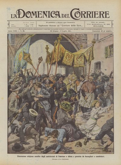 Religiöse Prozession von Antiklerikalen in Fabriano angegriffen und von Bersaglieri und Carabinieri verteidigt von Achille Beltrame