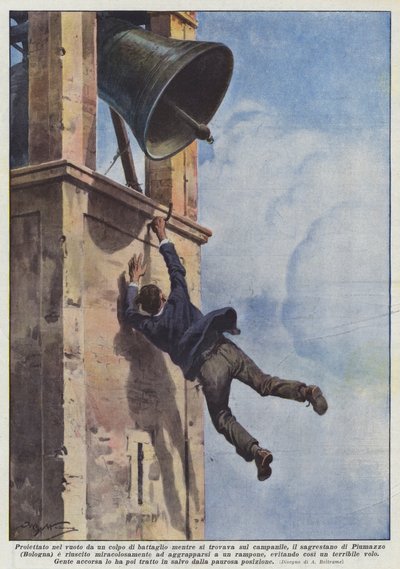 In die Leere geschleudert durch einen Schlag, während er auf dem Glockenturm war, der Küster von Achille Beltrame