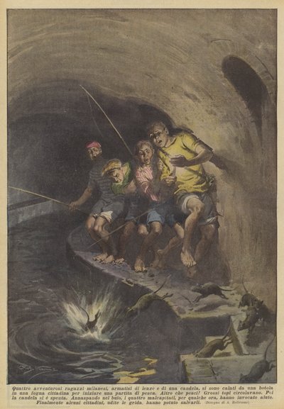 Vier abenteuerlustige Mailänder Jungen, die sich mit Angeln und einer Kerze bewaffnet hatten, ließen sich von einer? von Achille Beltrame