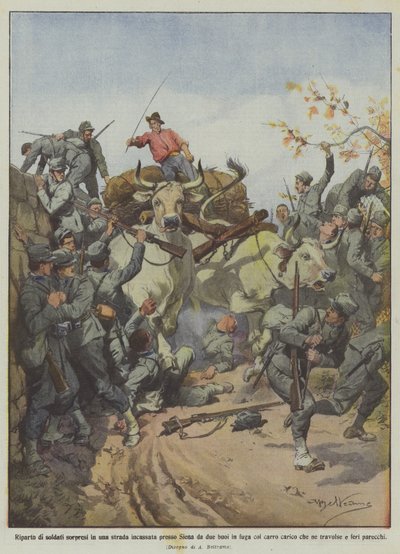 Ein Trupp Soldaten wird auf einer engen Straße bei Siena von zwei fliehenden Ochsen mit einem Karren überrascht... von Achille Beltrame