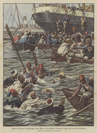 Rückkehr der jährlichen Pilgerfahrt aus Mekka, eine Katastrophe im Hafen von Tunis wegen der Eile beim Einschiffen von Achille Beltrame