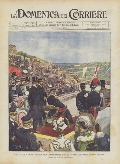 Der Herzog von Genua leitet die Volksgedenkfeier für Verdi im griechischen Theater von Syrakus von Achille Beltrame