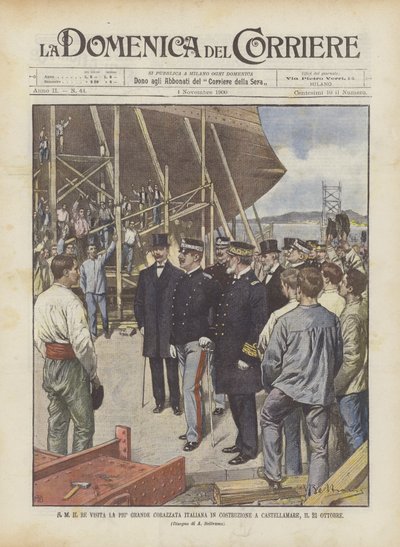 Seine Majestät der König besucht das größte im Bau befindliche italienische Schlachtschiff in Castellamare, am 23. Oktober von Achille Beltrame