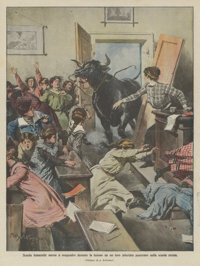 Mädchenschule während des Unterrichts von einem wütenden Stier verwüstet, der in die Schule eingedrungen ist von Achille Beltrame