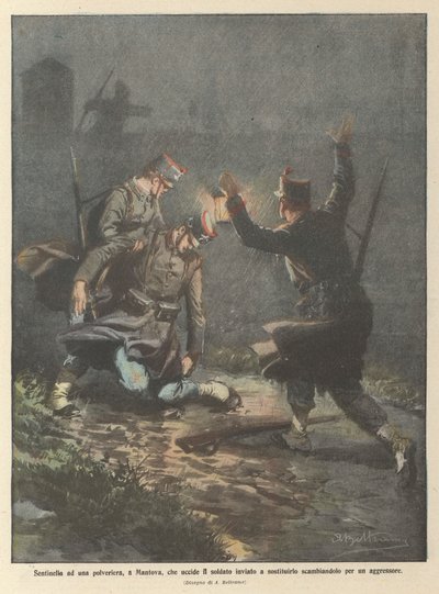 Wache an einem Pulvermagazin in Mantua, die den Soldaten, der ihn ablösen sollte, tötet, weil er ihn für einen Angreifer hielt von Achille Beltrame
