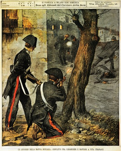 Sizilianisches Mafia-Ereignis, Kampf zwischen Carabinieri und Mafia-Gangstern in Trapani, Illustration von Achille Beltrame, aus La Domenica del Corriere, 31. Dezember 1899 von Achille Beltrame