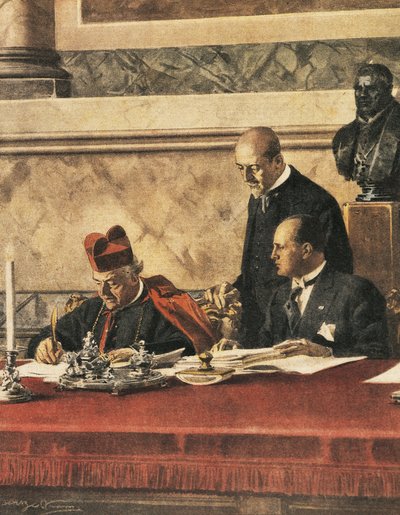 Unterzeichnung des Lateranvertrags zwischen Kardinal P. Gasparri und B. Mussolini von Achille Beltrame