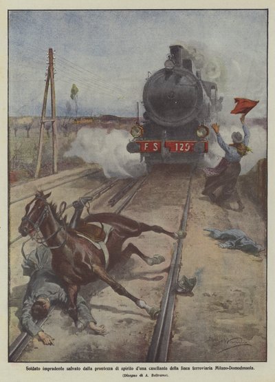 Unvorsichtiger Soldat gerettet durch die Geistesgegenwart einer Schrankenwärterin der Eisenbahnlinie Mailand-Domodossola von Achille Beltrame