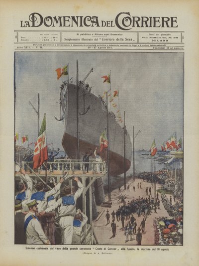 Feierliche Zeremonie des Stapellaufs des großen Schlachtschiffs Conte di Cavour in La Spezia am Morgen des 10. August von Achille Beltrame
