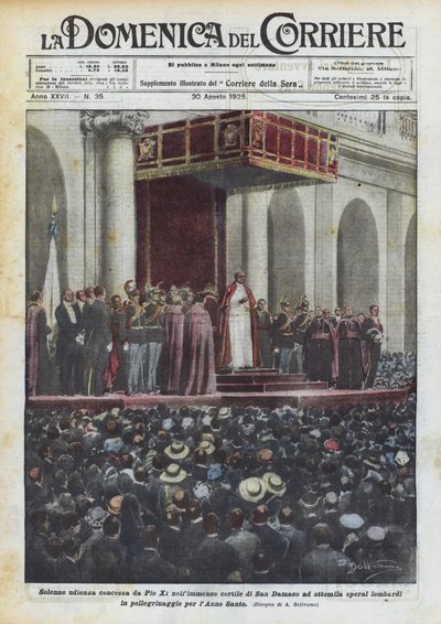 Feierliche Audienz von Pius XI. im riesigen Hof von San Damaso für achttausend lombardische Arbeiter von Achille Beltrame