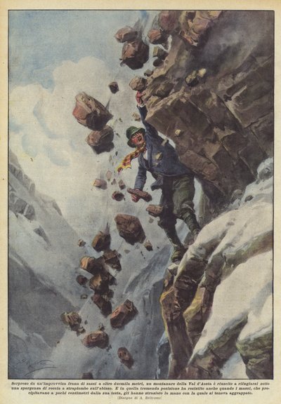 Von einem plötzlichen Steinschlag in über zweitausend Metern Höhe überrascht, ein Bergsteiger aus dem Aostatal von Achille Beltrame