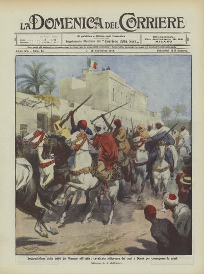 Unterwerfung des Stammes der Mansur an Italien, malerischer Ritt der Anführer in Derna zur Waffenübergabe von Achille Beltrame