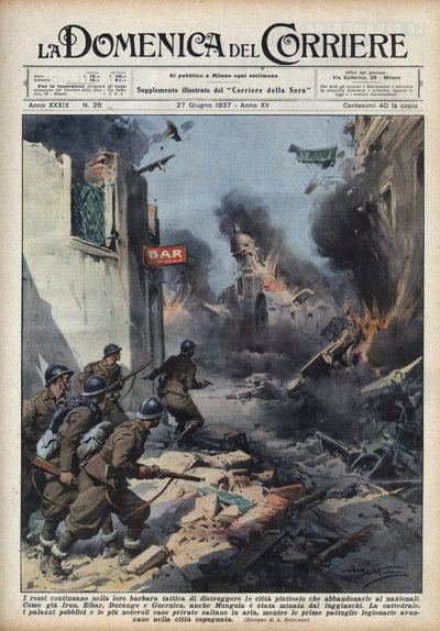 Spanischer Bürgerkrieg: Zusammenstöße in den Straßen baskischer Städte, bei denen Republikaner alles zerstören, anstatt die Städte den Nationalisten zu überlassen. Illustration von Achille Beltrame in 
